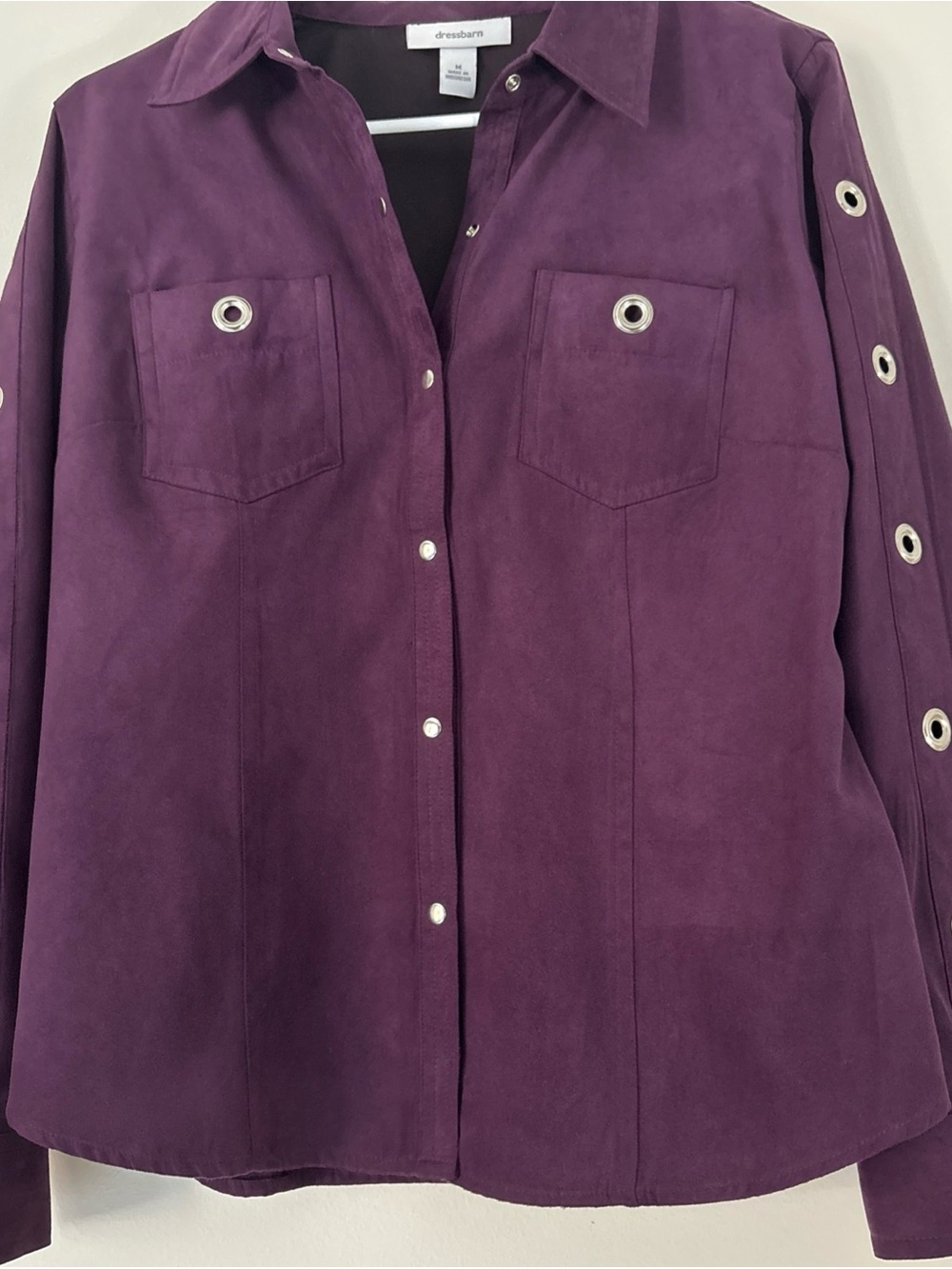 dressbarn Purple Button-Front Suede Shirt Jacket with Grommet Details